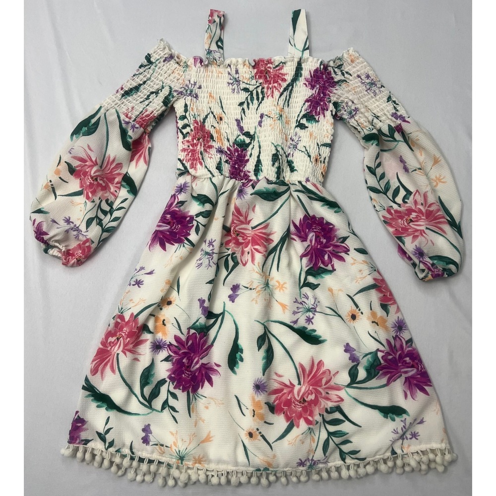 Rare Editions Girls Floral Off Shoulder Smocked Dress Pom Pom Hem Size 12